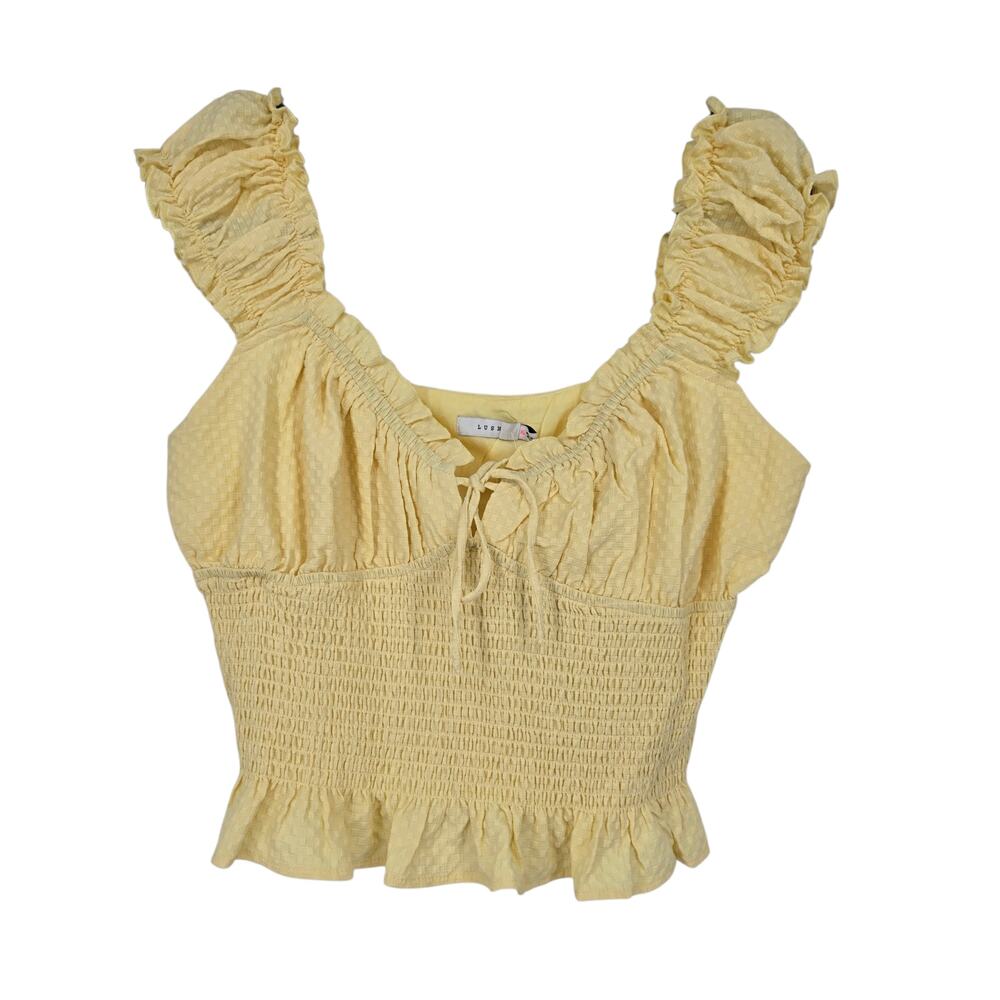 NWT Lush Yellow Textured Smocked Ruffle Front Tie Cropped Tank Top Size XL